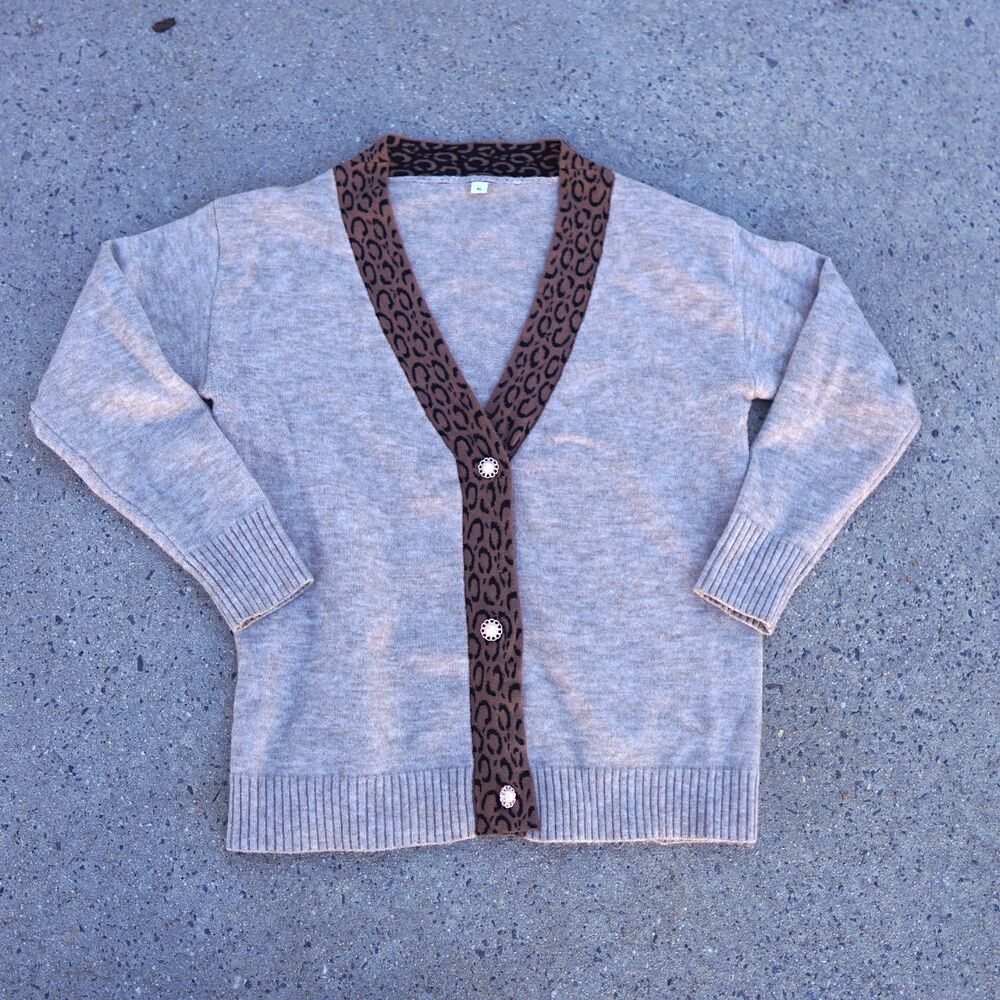 Beige Cheetah Trim Cardigan XL Gold Pearl Button V-Neck Sweater Preppy Animal Pr
